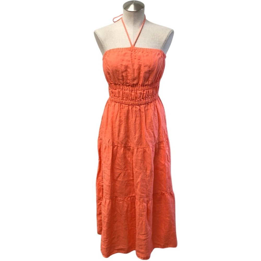 Bella Dahl Halter Midi Dress Womens Small Coral Orange Linen Smocked Tiered